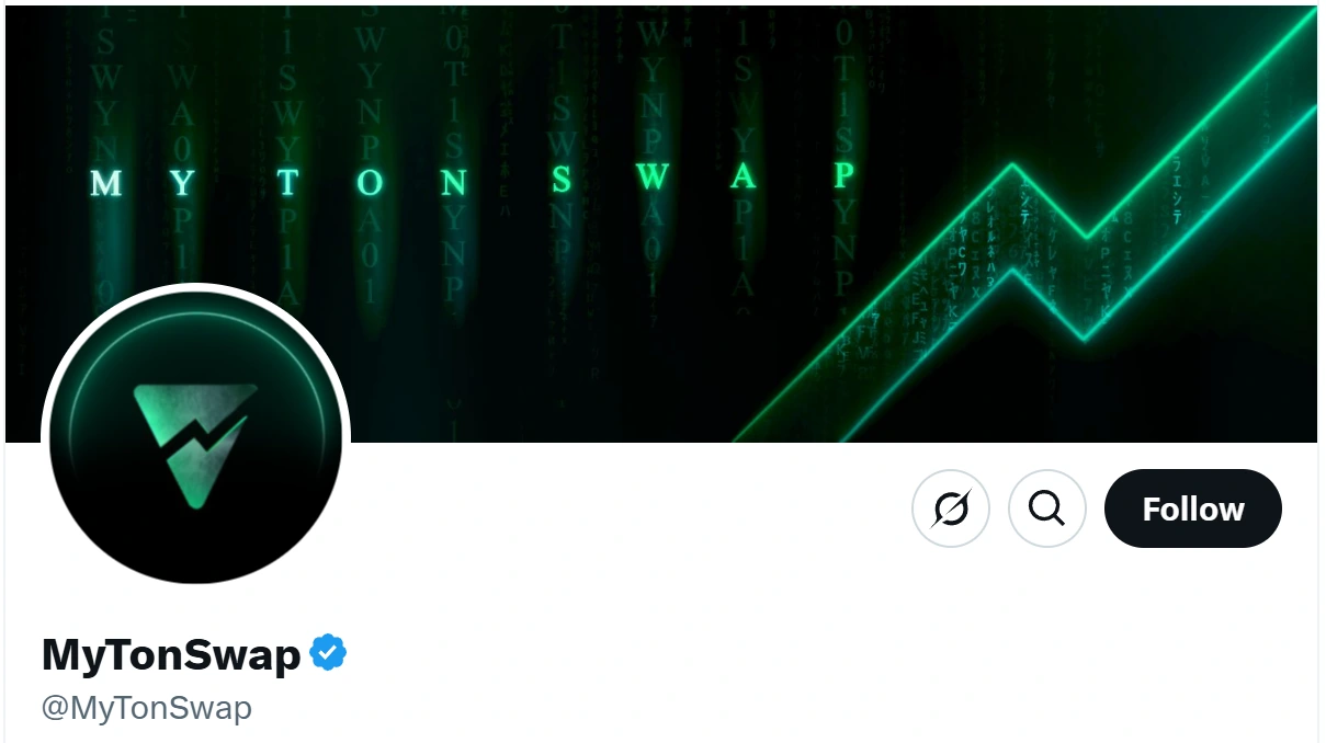 MyTonSwap X profile header with the robot mascot and green-on-dark brand identity